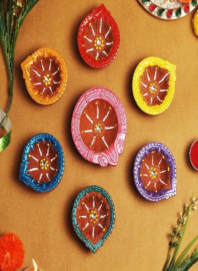 TrendBell TRBD7-05 Handmade Multicolor Clay Diya Set of 7 for Navratri & Diwali Decorations Tea Light Holder Indian Festival Decor - Image 1